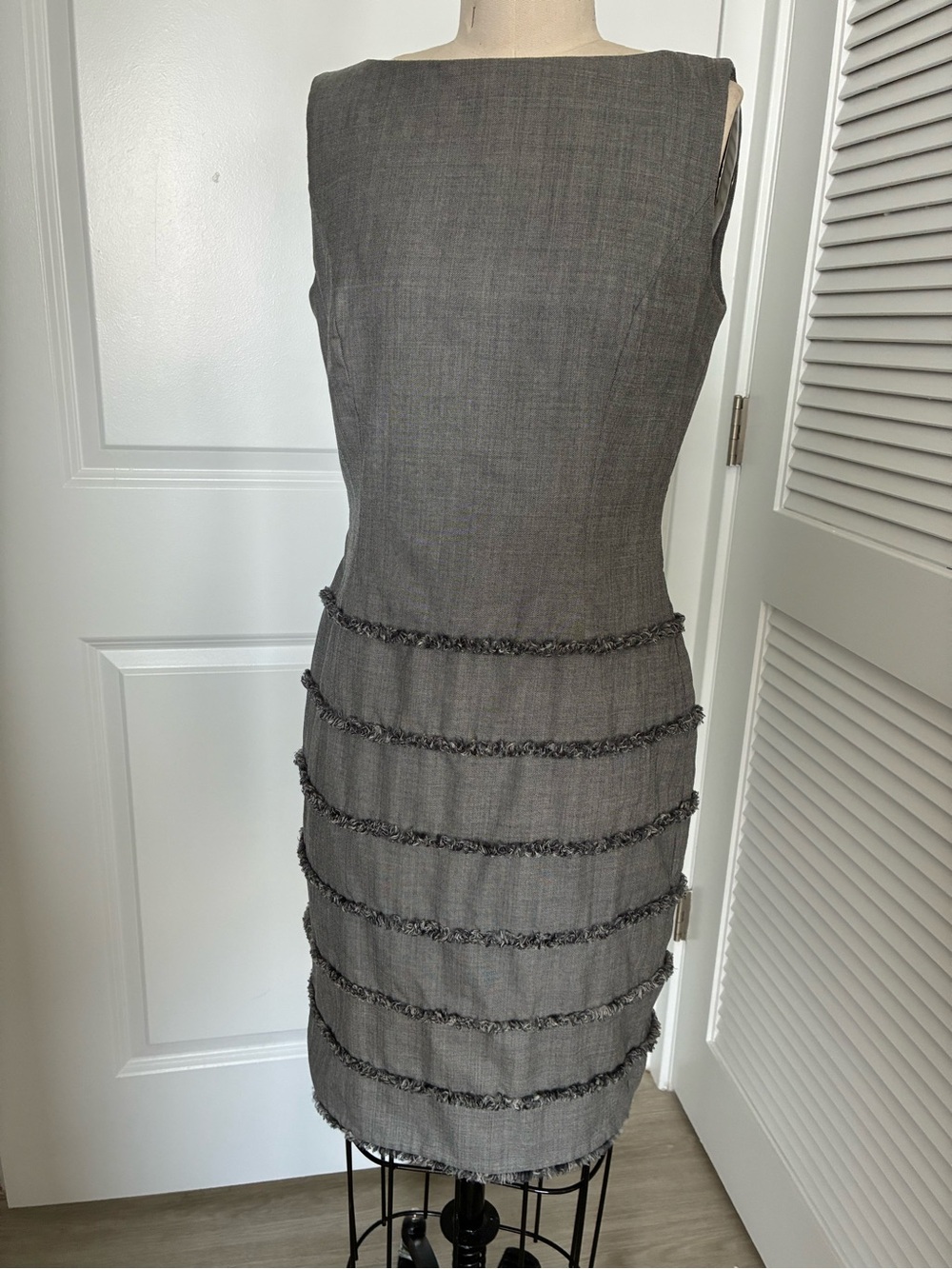 Escada Gray Sleeveless Wool Dress with Tiered Fringe Bands